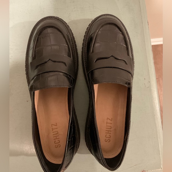 SCHUTZ Black Croc Embossed Leather Loafers Size 9 - Picture 4 of 7